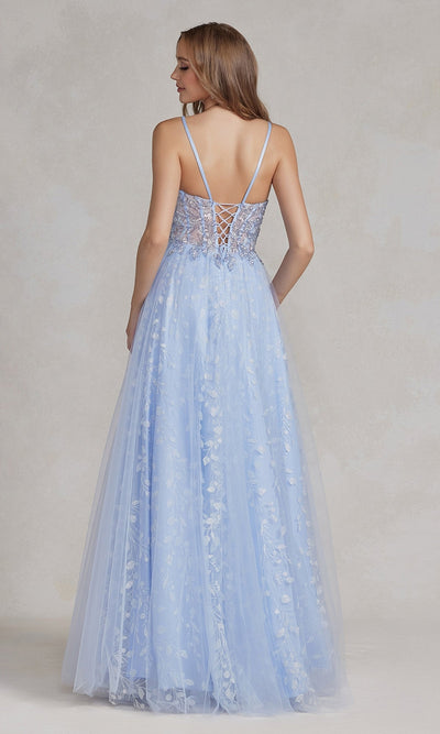 Nox Anabel T1084 Illusion-Bodice Long Periwinkle Prom Dress