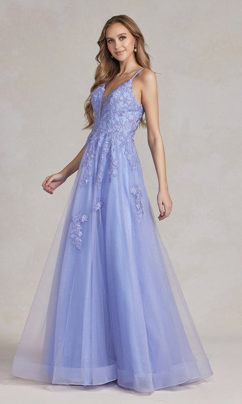 Vestido de fiesta de tul bordado, espalda con corsé, estilo T1136