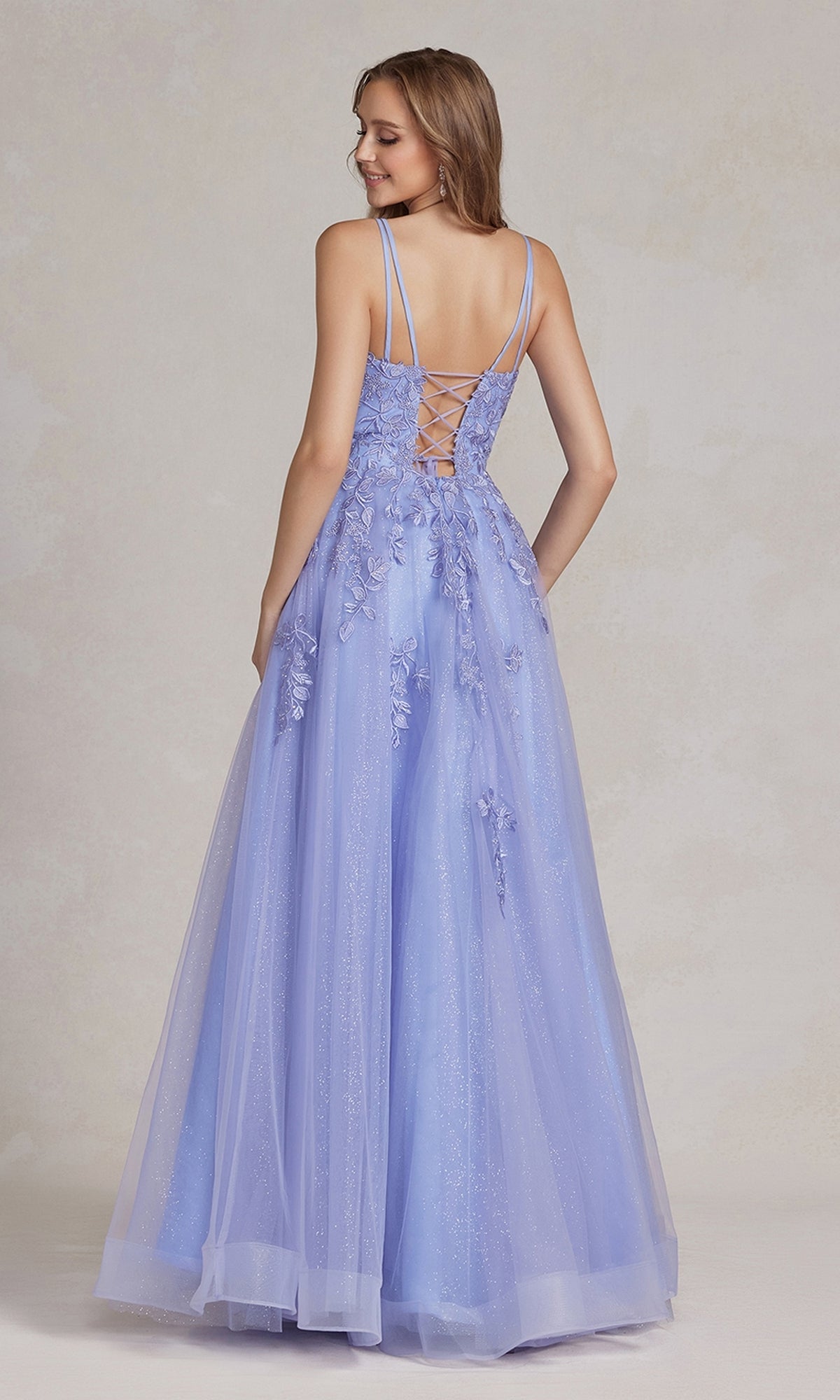 Vestido de fiesta de tul bordado, espalda con corsé, estilo T1136