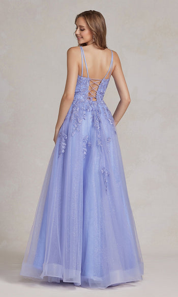 Vestido de fiesta de tul bordado, espalda con corsé, estilo T1136