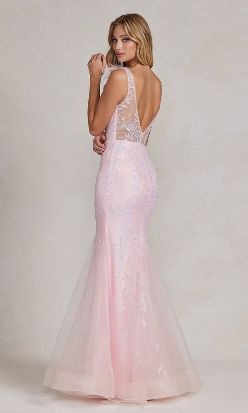 Vestido de fiesta de sirena con tirantes de plumas T1208