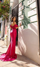 Vestido de fiesta sin tirantes T1329 con mangas abullonadas