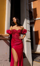 Vestido de fiesta sin tirantes T1329 con mangas abullonadas