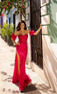 Vestido de fiesta sin tirantes T1329 con mangas abullonadas