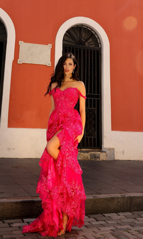 Nox Anabel T1335 Elegant Lace Ruffled A-Line Prom Gown