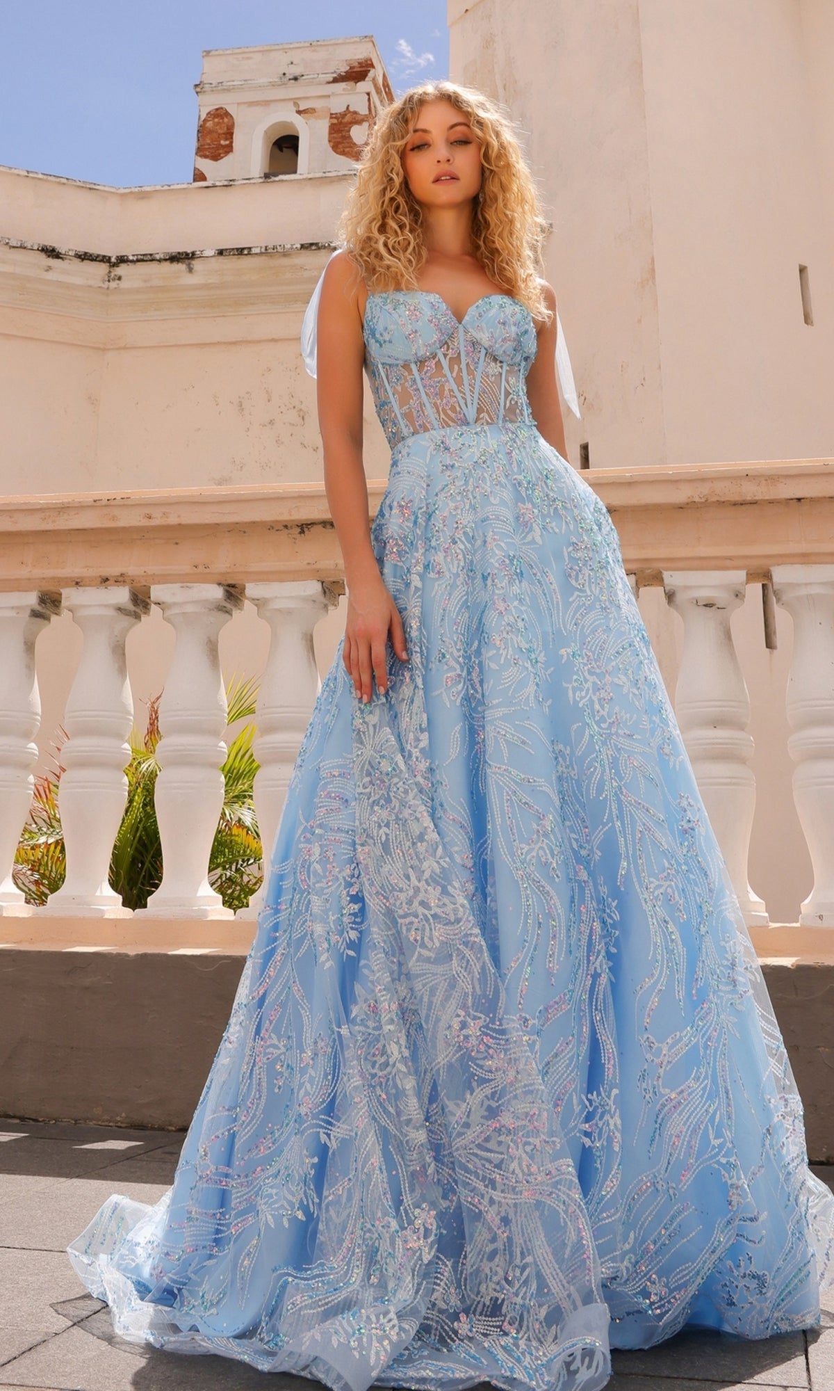 Long Sequin Prom Ball Gown with Shoulder Bows T1336