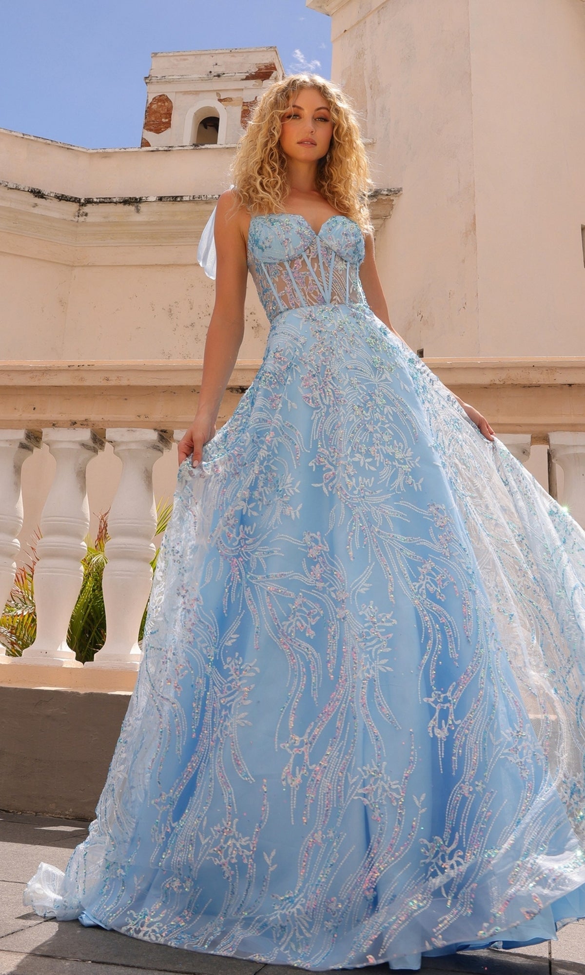 Long Sequin Prom Ball Gown with Shoulder Bows T1336