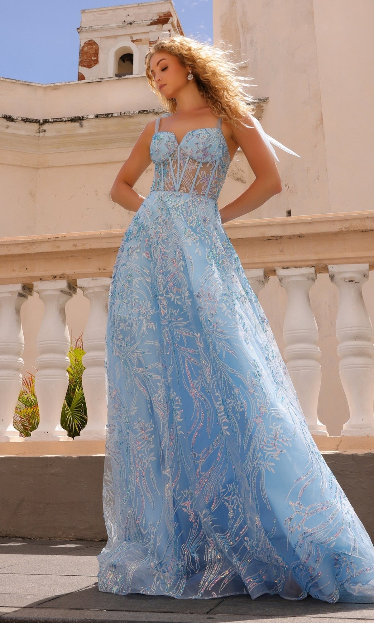 Long Sequin Prom Ball Gown with Shoulder Bows T1336