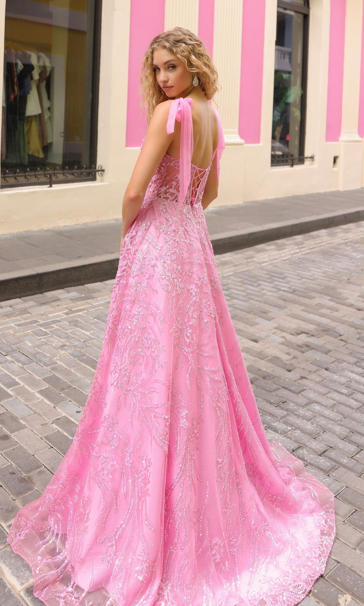 Long Sequin Prom Ball Gown with Shoulder Bows T1336