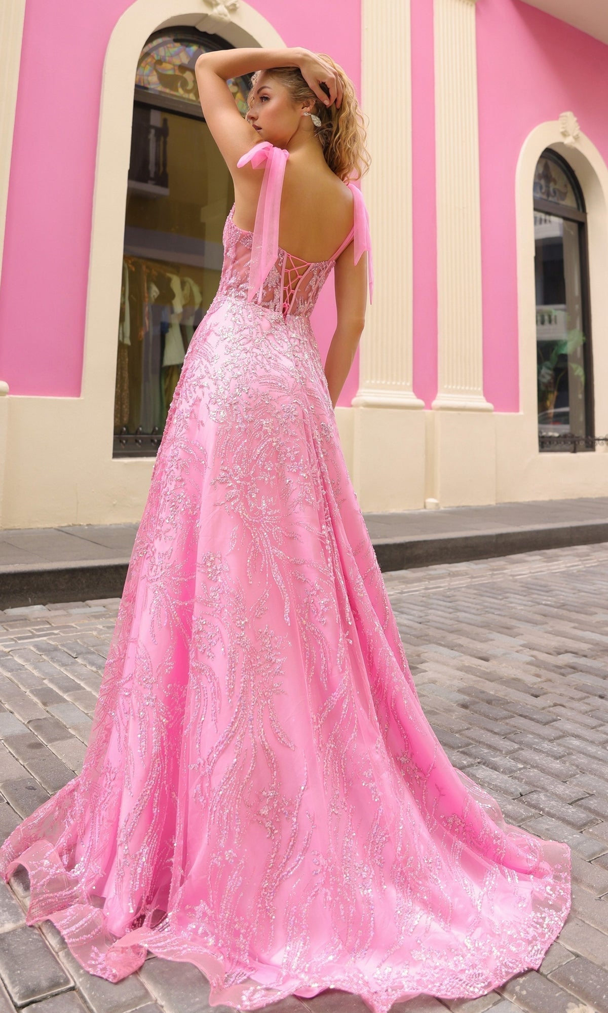 Long Sequin Prom Ball Gown with Shoulder Bows T1336