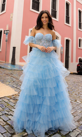 Nox Anabel T1338 Romantic Strapless Ruffle Prom Dress with Puff Sleeves