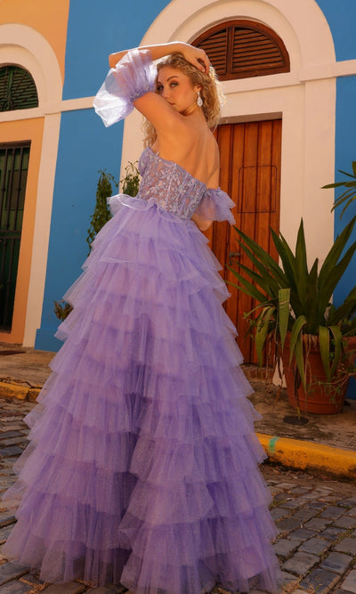 Nox Anabel T1338 Romantic Strapless Ruffle Prom Dress with Puff Sleeves