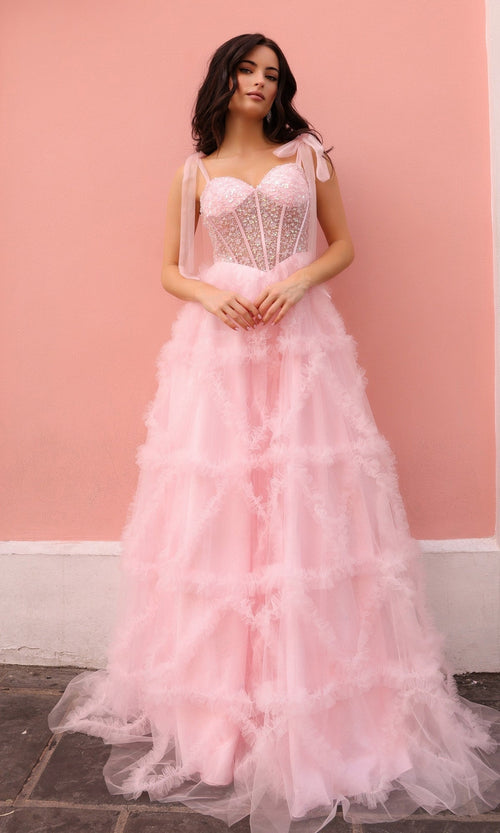 Nox Anabel T1340 Shoulder-Bows Long Ruffled Prom Gown