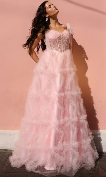 Shoulder-Bows Long Ruffled Prom Gown | Nox Anabel Style T1340