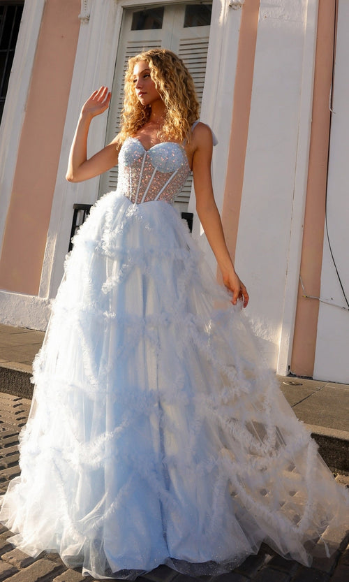 Nox Anabel T1340 Shoulder-Bows Long Ruffled Prom Gown