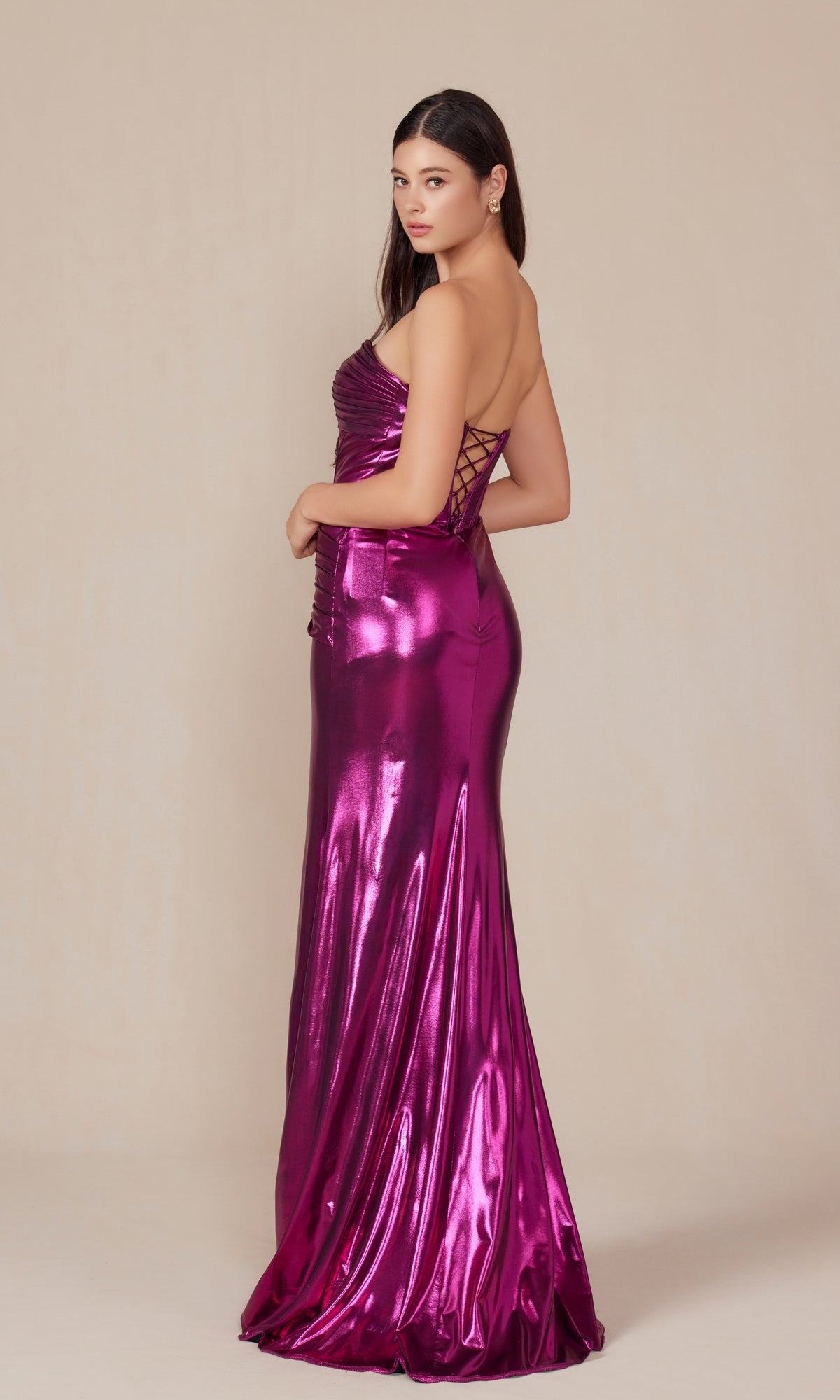Nox Anabel T1499 Pleated Metallic Long Prom Dress