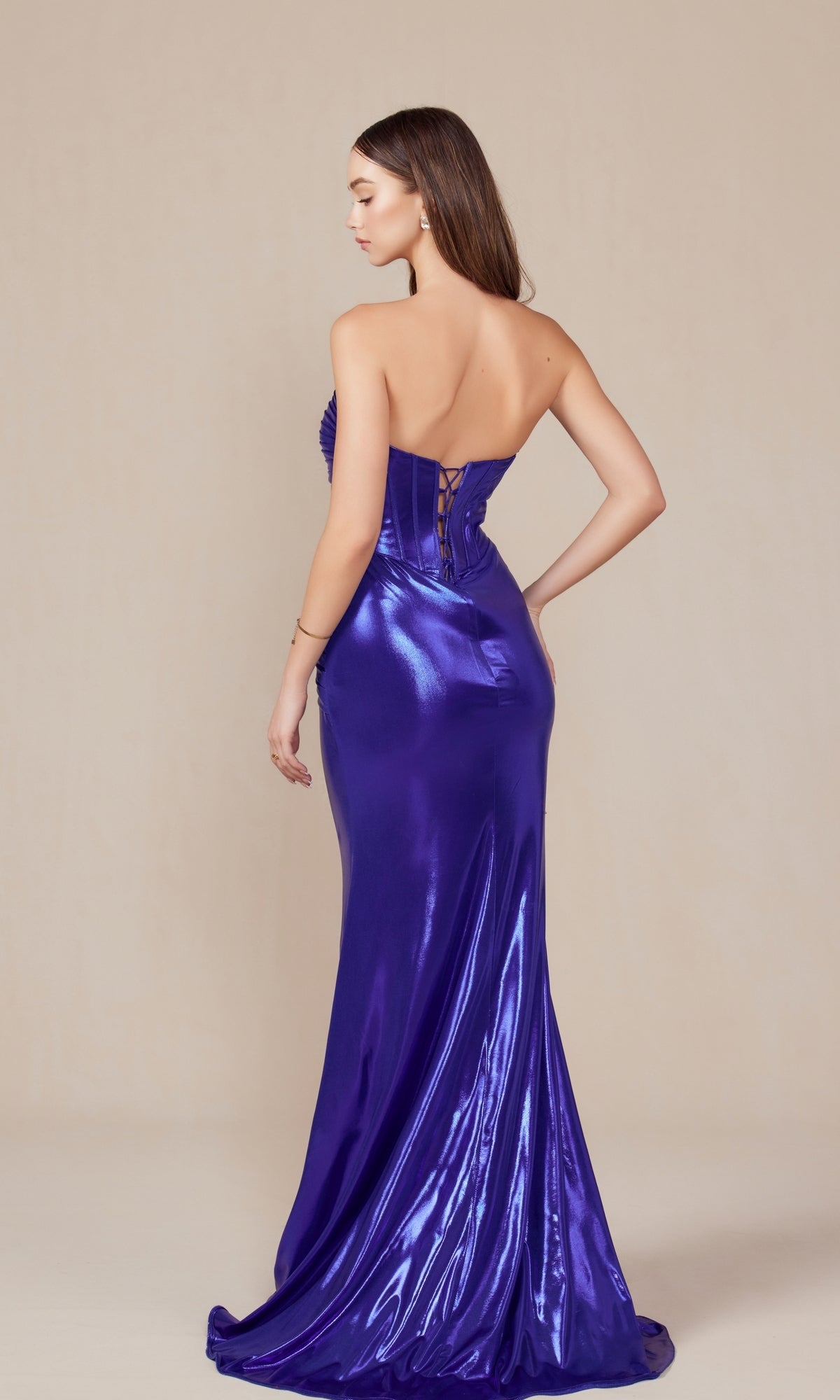 Nox Anabel T1499 Pleated Metallic Long Prom Dress