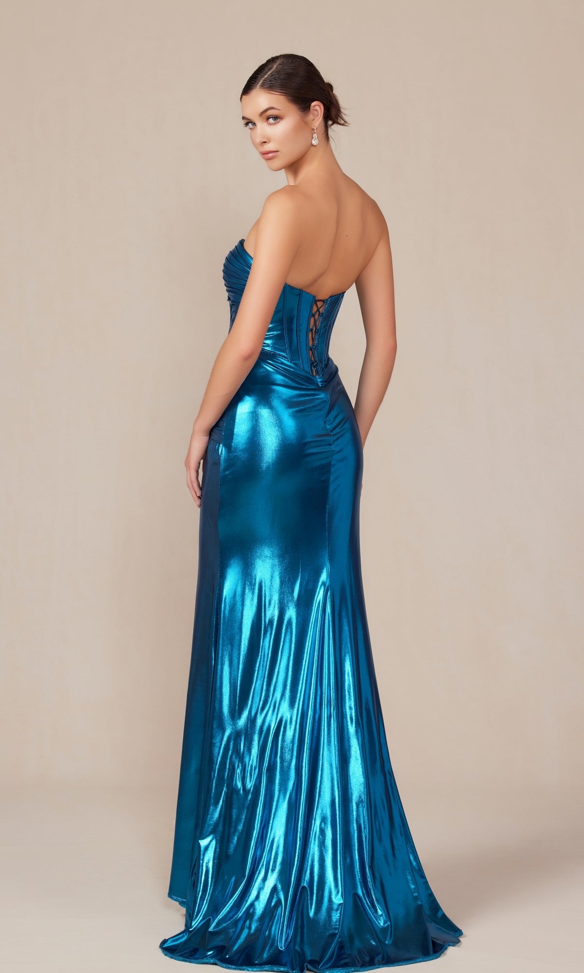 Nox Anabel T1499 Pleated Metallic Long Prom Dress