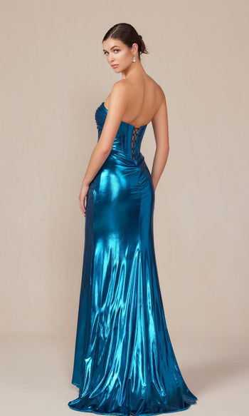 Nox Anabel T1499 Pleated Metallic Long Prom Dress
