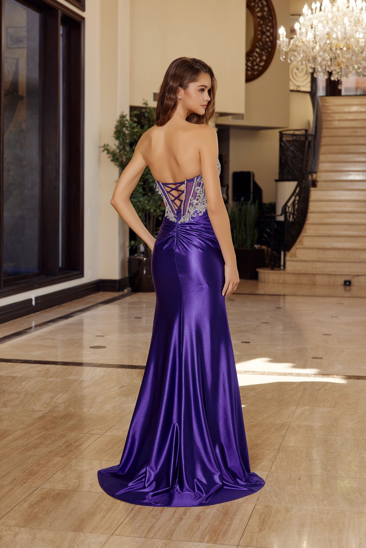 Nox Anabel T1854 Strapless Beaded Fitted Long Corset Evening Gown with Slit