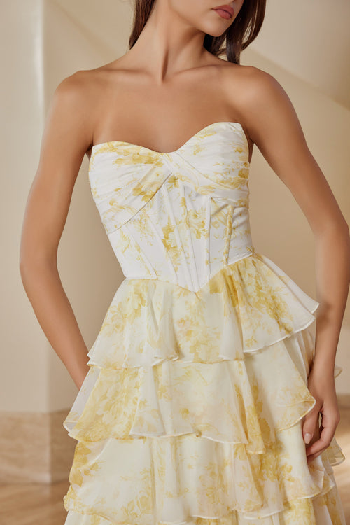Nox Anabel T1865 Strapless Ruffled A-Line Long Corset Evening Gown with Slit
