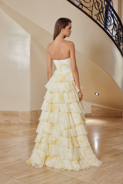 Nox Anabel T1865 Strapless Ruffled A-Line Long Corset Evening Gown with Slit