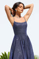Glitter Sleeveless A-line Slit Gown in Navy by Amoris T213