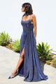 Glitter Sleeveless A-line Slit Gown in Navy by Amoris T213
