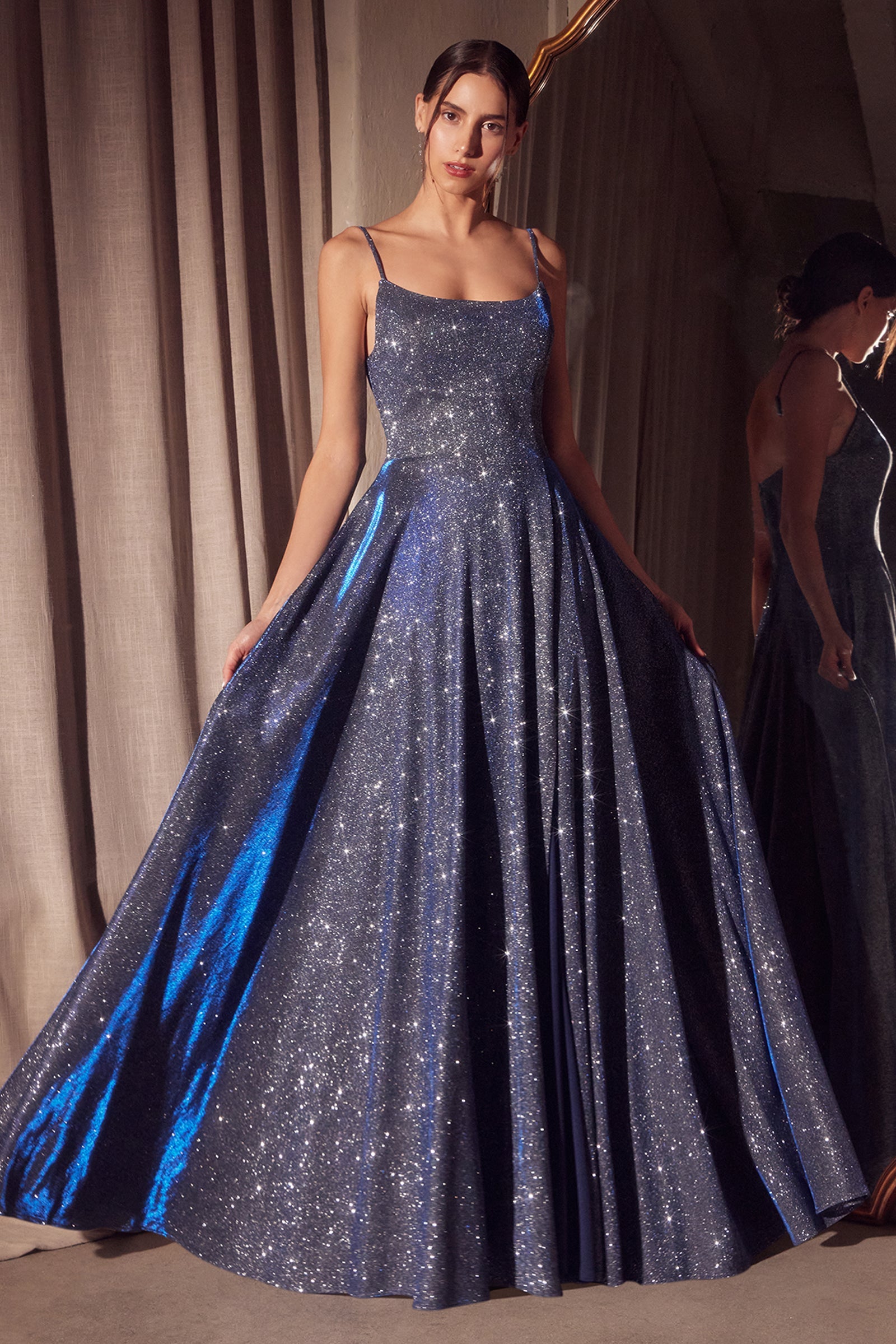 Glitter Sleeveless A-line Slit Gown in Navy by Amoris T213