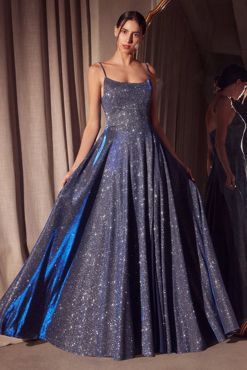 Glitter Sleeveless A-line Slit Gown in Navy by Amoris T213