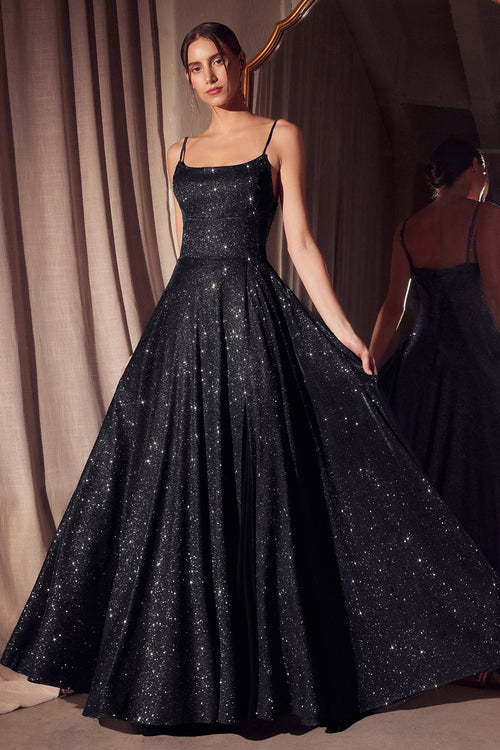 Glitter Sleeveless A-line Slit Gown in Navy by Amoris T213