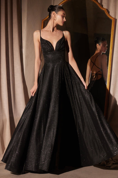 Glitter V-Neck A-line Slit Gown by Amoris T214 – Black