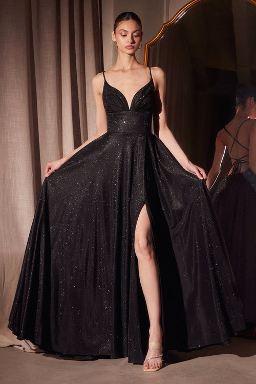 Glitter V-Neck A-line Slit Gown by Amoris T214 – Black