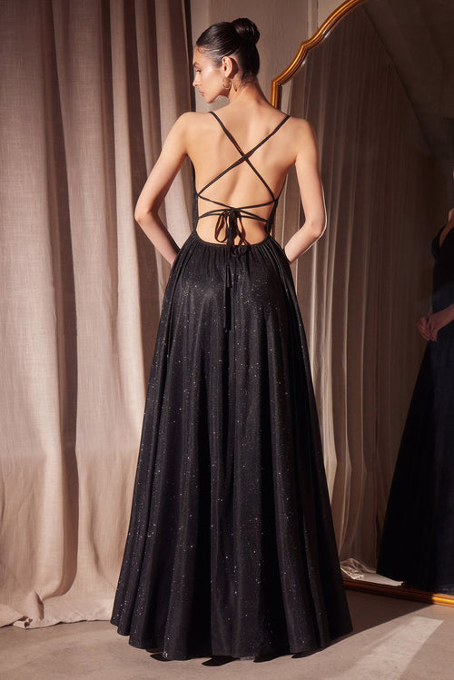 Glitter V-Neck A-line Slit Gown by Amoris T214 – Black