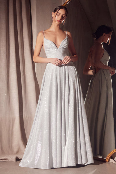 Glitter V-Neck A-line Slit Gown by Amoris T214 – Black