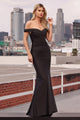 Jersey Fitted Off Shoulder Gown in Emerald by Amoris T402