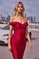 Jersey Fitted Off Shoulder Gown in Emerald by Amoris T402