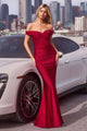 Jersey Fitted Off Shoulder Gown in Emerald by Amoris T402