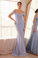 Jersey Fitted Off Shoulder Gown in Emerald by Amoris T402