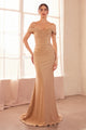 Jersey Fitted Off Shoulder Gown in Emerald by Amoris T402