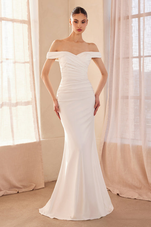 Jersey Fitted Off Shoulder Gown in Emerald by Amoris T402