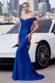 Jersey Fitted Off Shoulder Gown in Emerald by Amoris T402