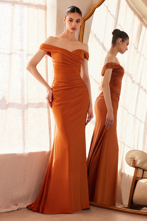 Jersey Fitted Off Shoulder Gown in Emerald by Amoris T402