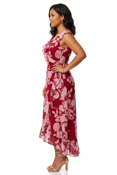 London Times T4521M Red White Floral Print Ruffle Detail Maxi Dress with V-Neck, Cap Sleeve