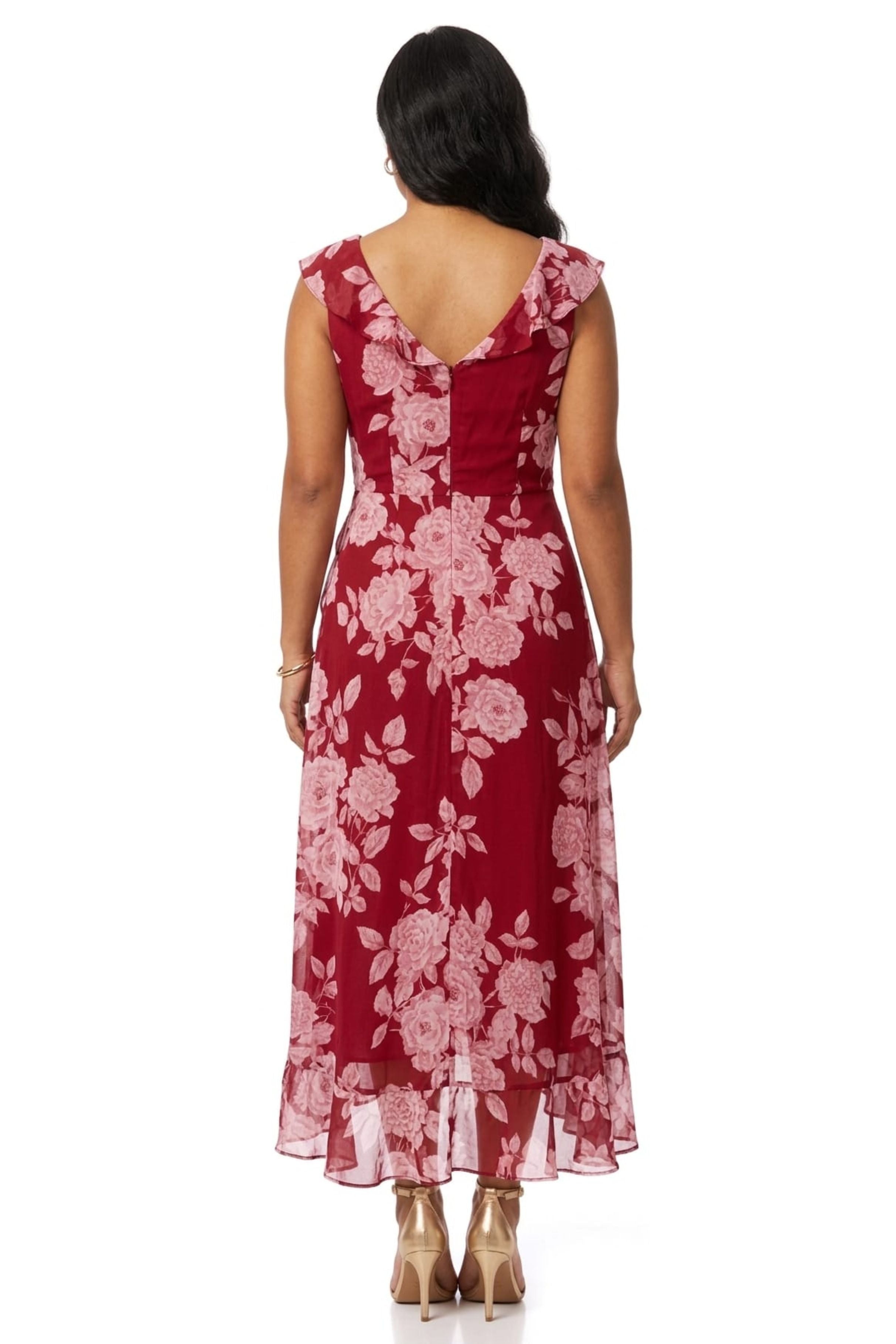 London Times T4521M Red White Floral Print Ruffle Detail Maxi Dress with V-Neck, Cap Sleeve