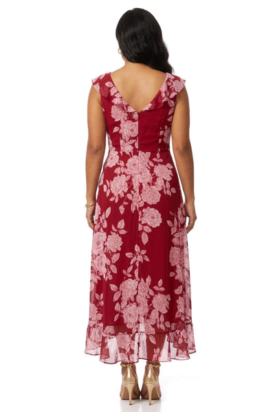 London Times T4521M Red White Floral Print Ruffle Detail Maxi Dress with V-Neck, Cap Sleeve