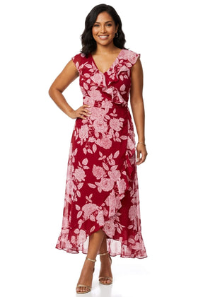 London Times T4521M Red White Floral Print Ruffle Detail Maxi Dress with V-Neck, Cap Sleeve