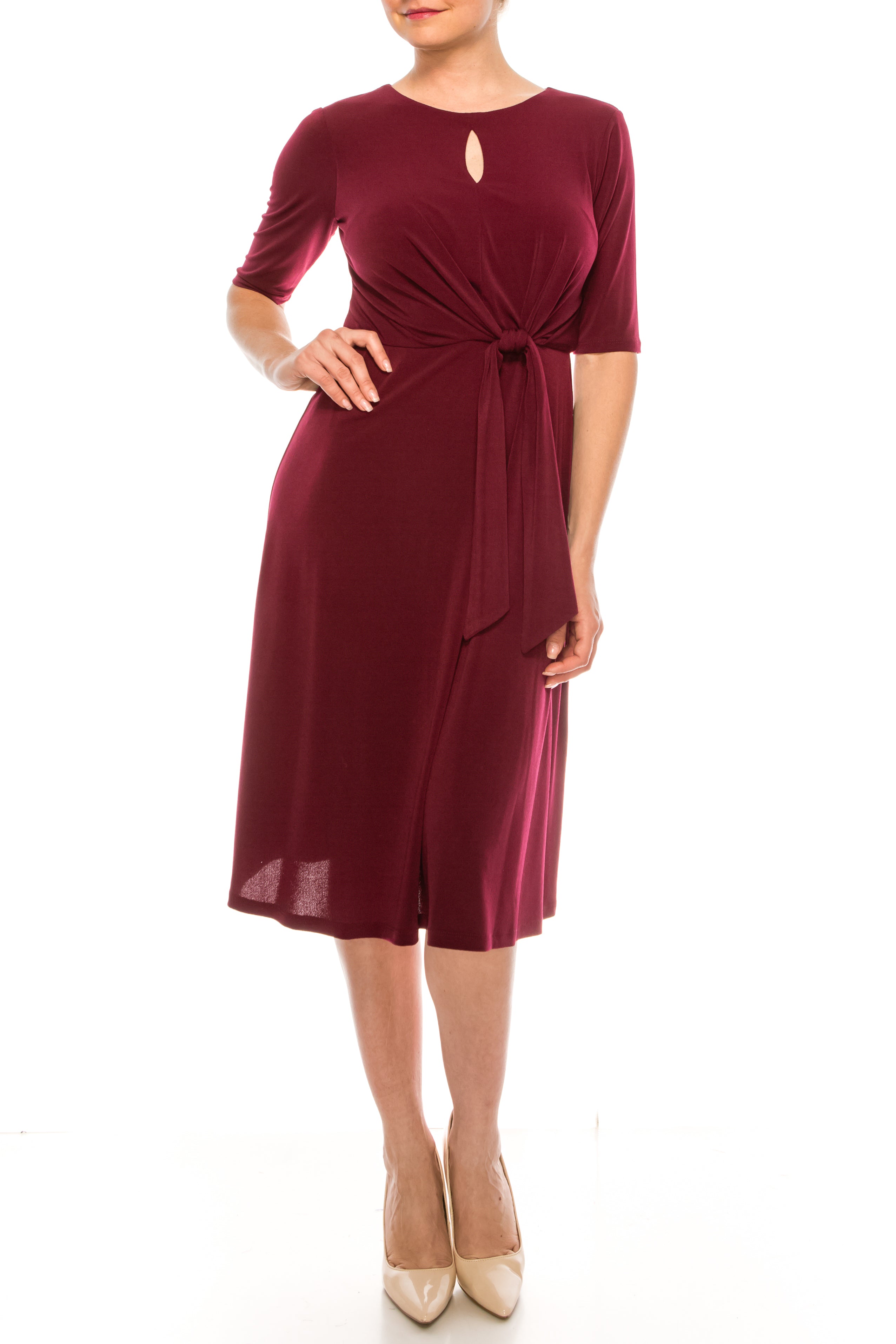london times cocktail dresses T4667M Merlot Short Sleeve A-Line Midi Day Dress with Merlot / 0 An elegant faux Alie Street Maxine Asymmetric Color:B mens walking suit