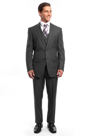 Traje de negocios con dos botones y raya diplomática gris para hombre
