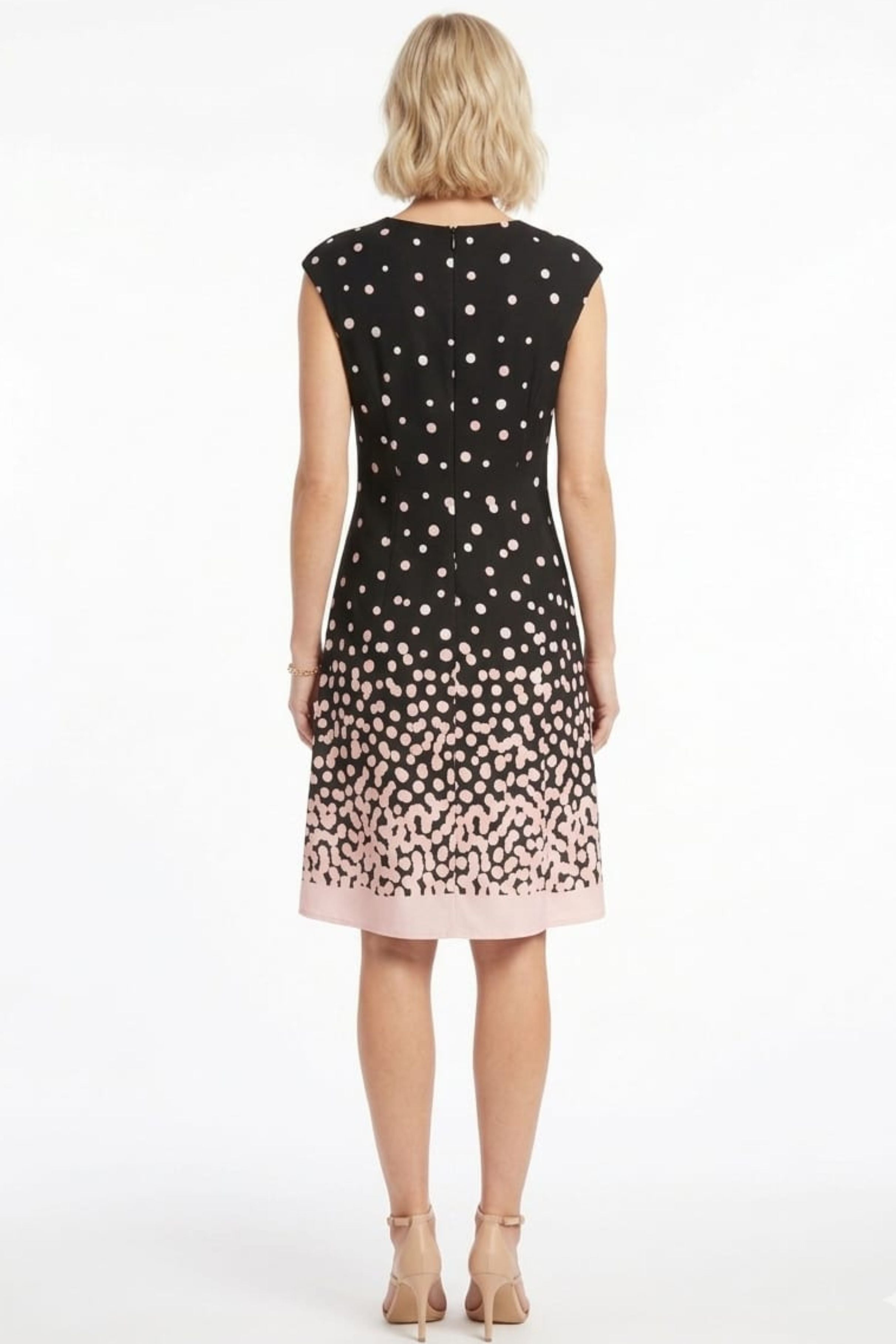 London Times T5536M Black Blush Cap Sleeve Polka Dot A-Line Dress with Jewel Neck, Scuba Crepe